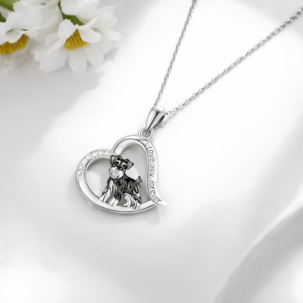 SUPAC Schnauzer Dog Heart Pendant Necklace, Stainless Steel, Crystal Accent, I Love You Forever, 19.7 inch Chain
