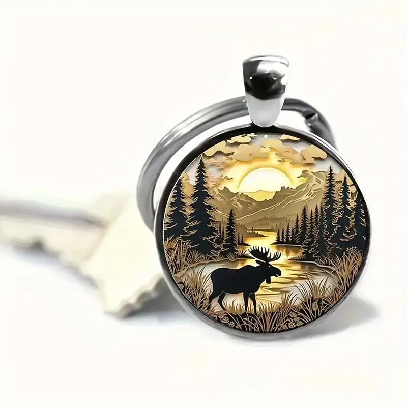 Mountain Sunset Stained Glass Art Keychain, Nature Scene Design, Round Pendant (Moose and Sunrise)