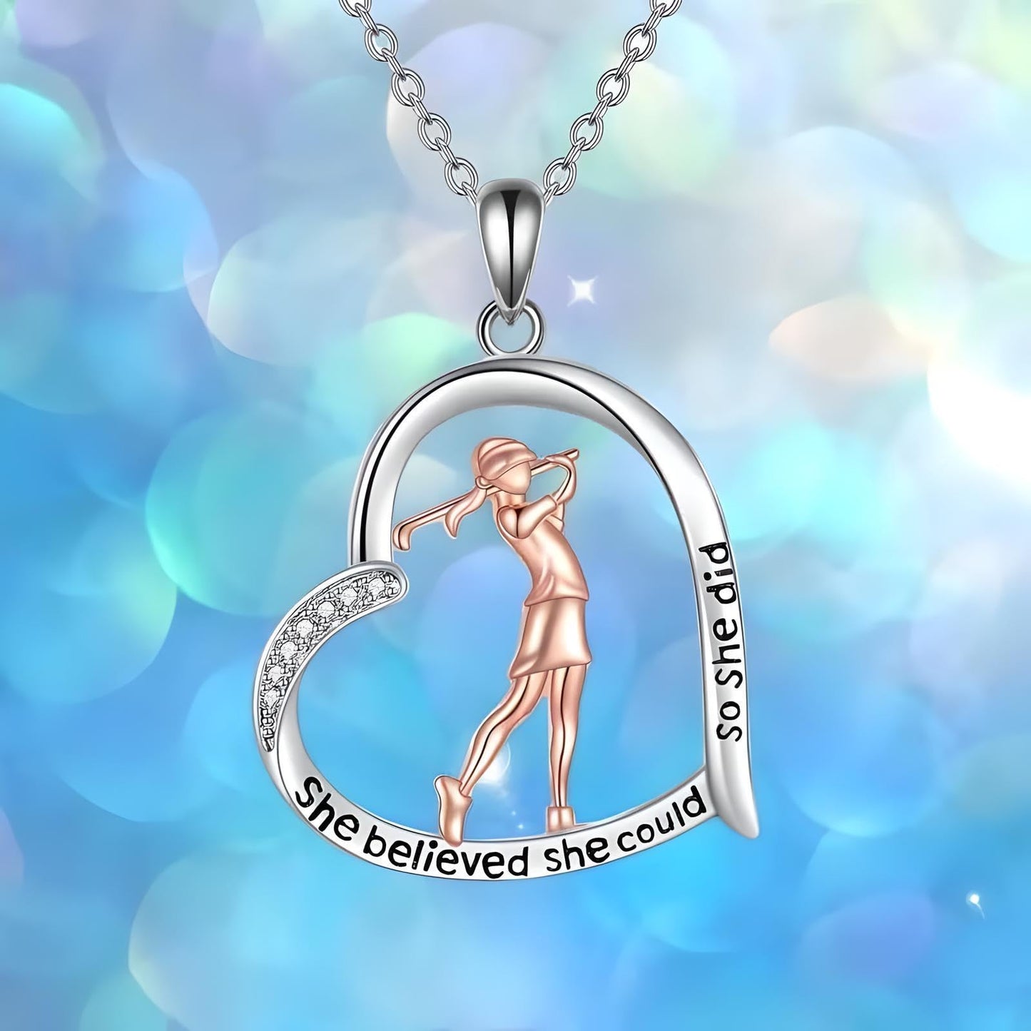 Creative Sports Golf Woman Heart-shaped Pendant Necklace, Elegant Golf Jewelry, Birthday Party Christmas Gift: "She believed she could so she did"