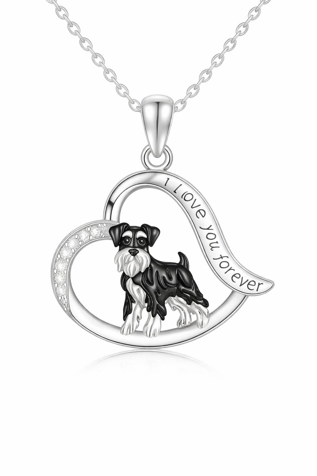 SUPAC Schnauzer Dog Heart Pendant Necklace, Stainless Steel, Crystal Accent, I Love You Forever, 19.7 inch Chain