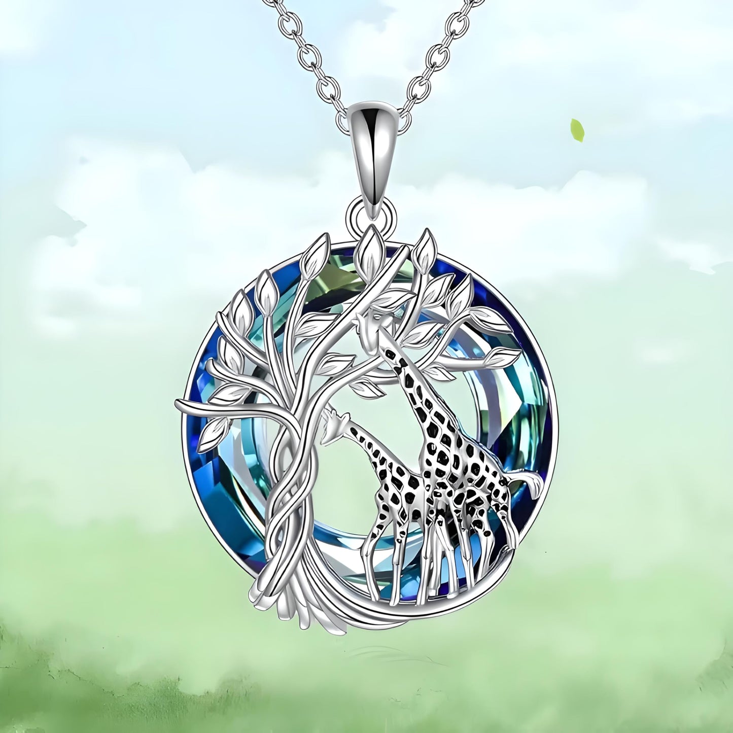 SUPAC Sterling Silver Tree of Life Giraffe Pendant Necklace, Blue Crystal Background, Gift for Animal Lovers!