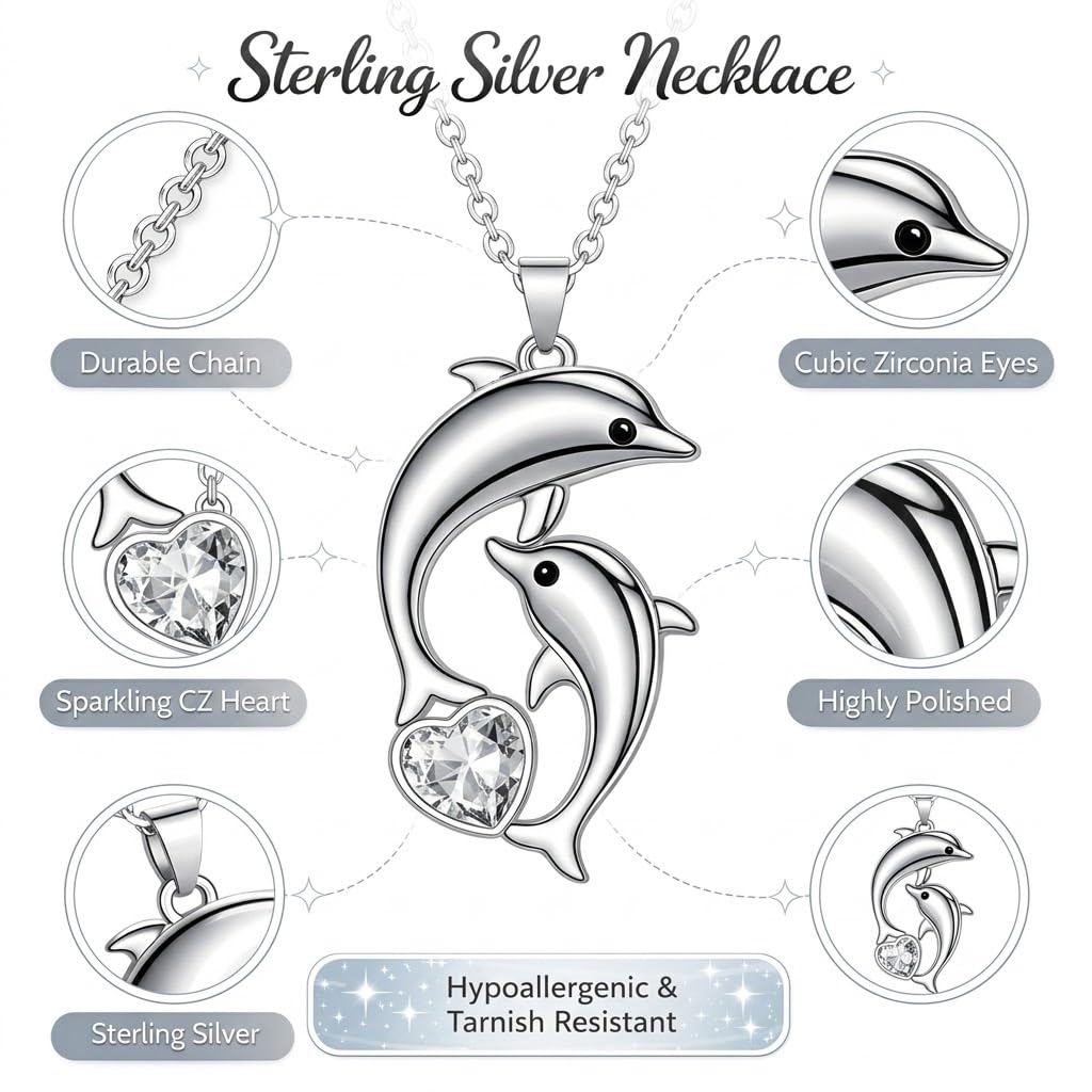 SUPAC Fashion Dolphin Necklace Heart-shaped Cubic Zirconia Decor Pendant Necklace, Cute Animal Dolphin Accessories - Christmas, Birthday Gift