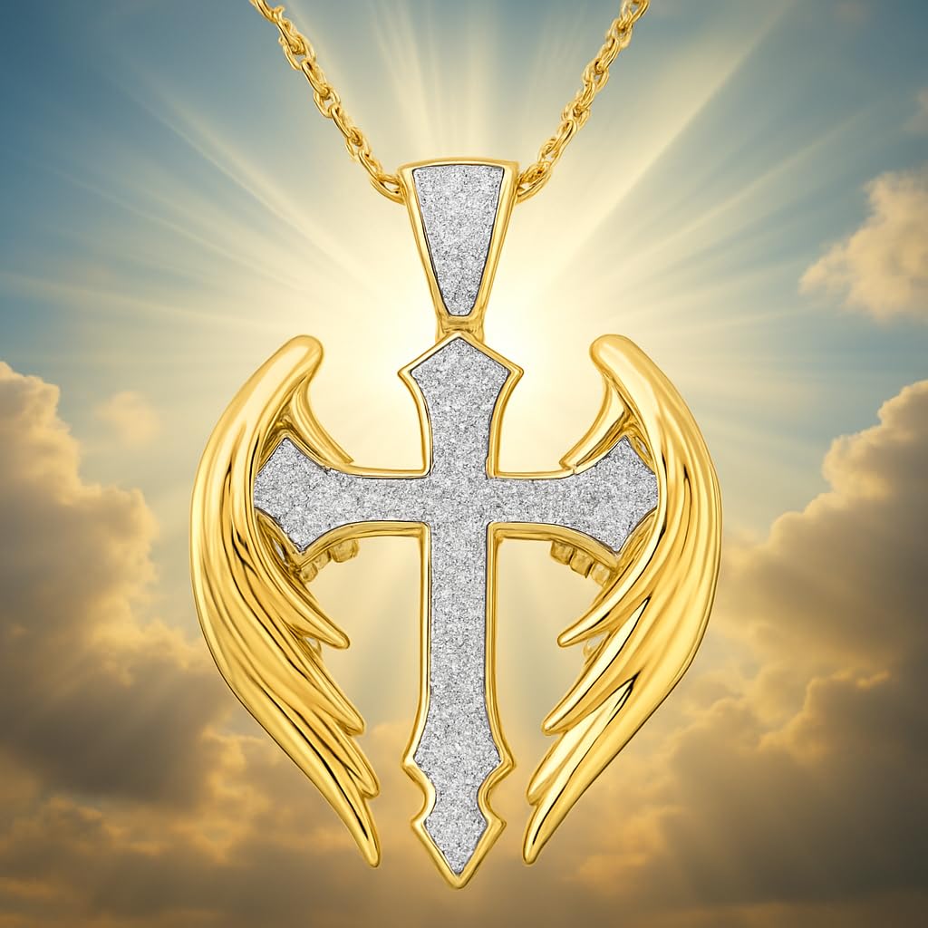SUPAC Exquisite Golden Angel Cross Pendant Necklace for Men - Elegant Religious Jewelry for Christmas, Birthday Gifts - Unique Faith Symbol with Durable Chain