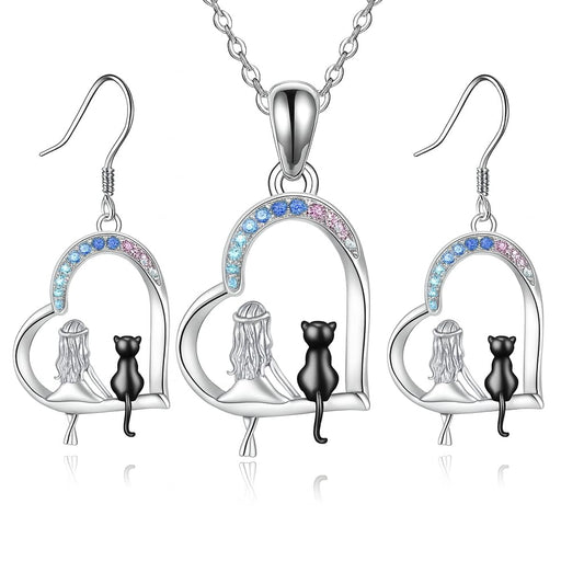 SUPAC Crystal Cat and Moon Jewelry Set, Stainless Steel Pendant Necklace with Blue and Pink Crystals, Rose Gold Cat Design, 3 Piece Set with Earrings, 0.90 Inch Width