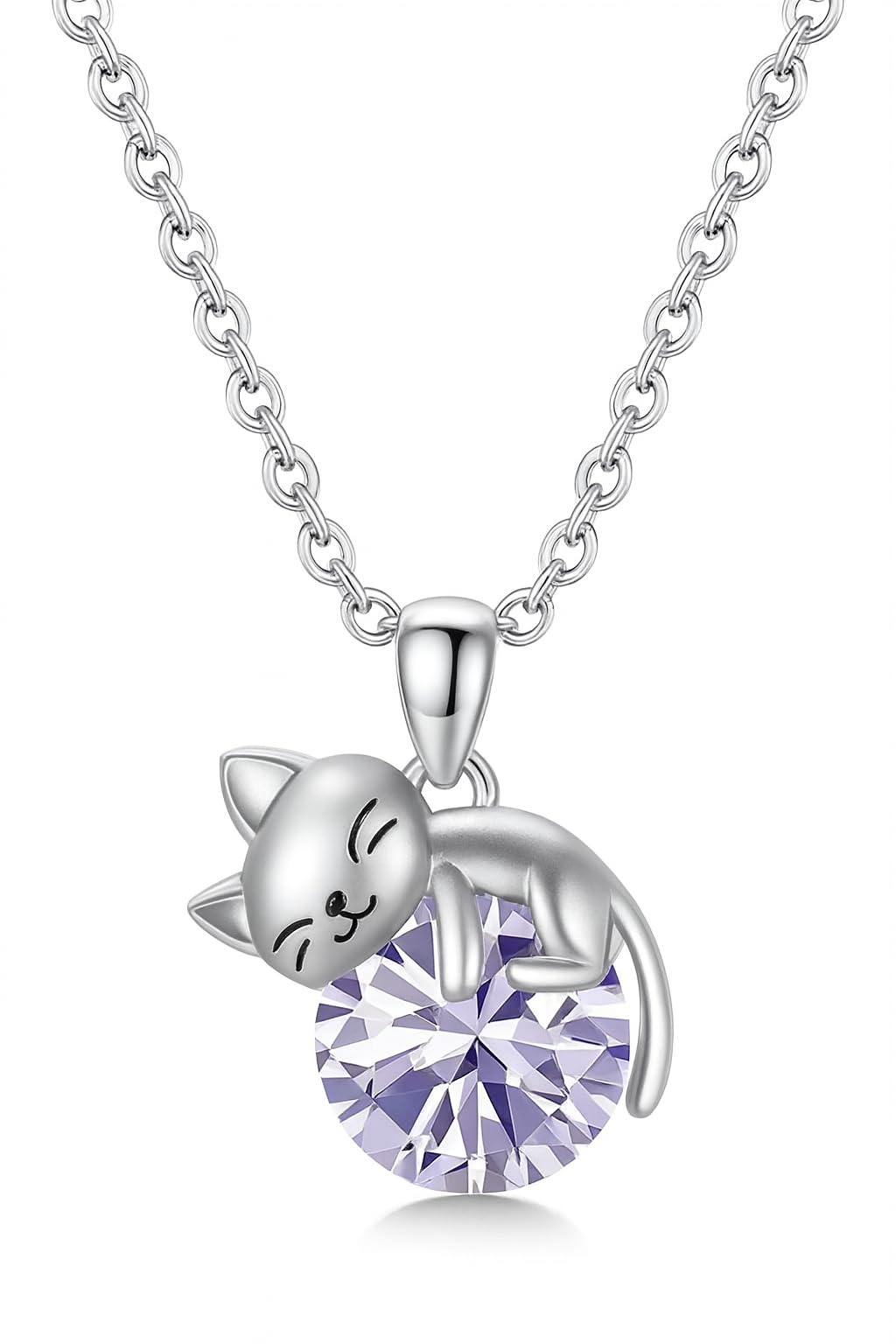 Crystal Cat Pendant Necklace, Silver Chain with Sleeping Cat Design, 17.7 inch Length