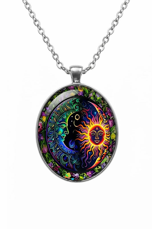 Celestial Sun and Moon Pendant Necklace, 17.7 inch Chain, Colorful Mystical Design