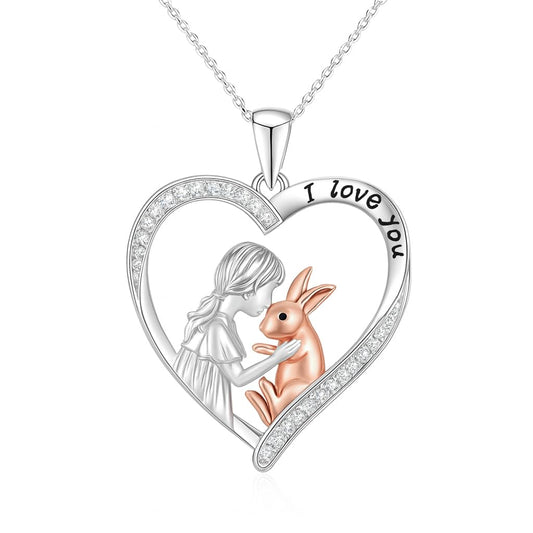 SUPAC Charming & Rabbit Heart Pendant Necklace, I Love You, White Golden Plated Alloy, Birthday or Christmas Gift