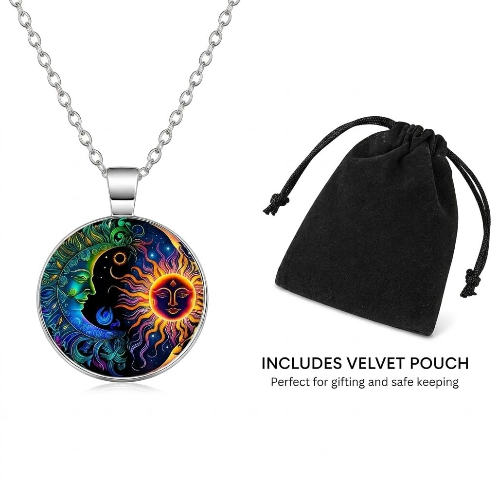 1pc Stunning Round Pendant Necklace - Unique Sun & Moon Pattern, Oil Painting Style Glass Mosaic, Alloy Construction, Trendy Sweater Chain, Fashionable Gift for Women - Christmas or Birthday Gift
