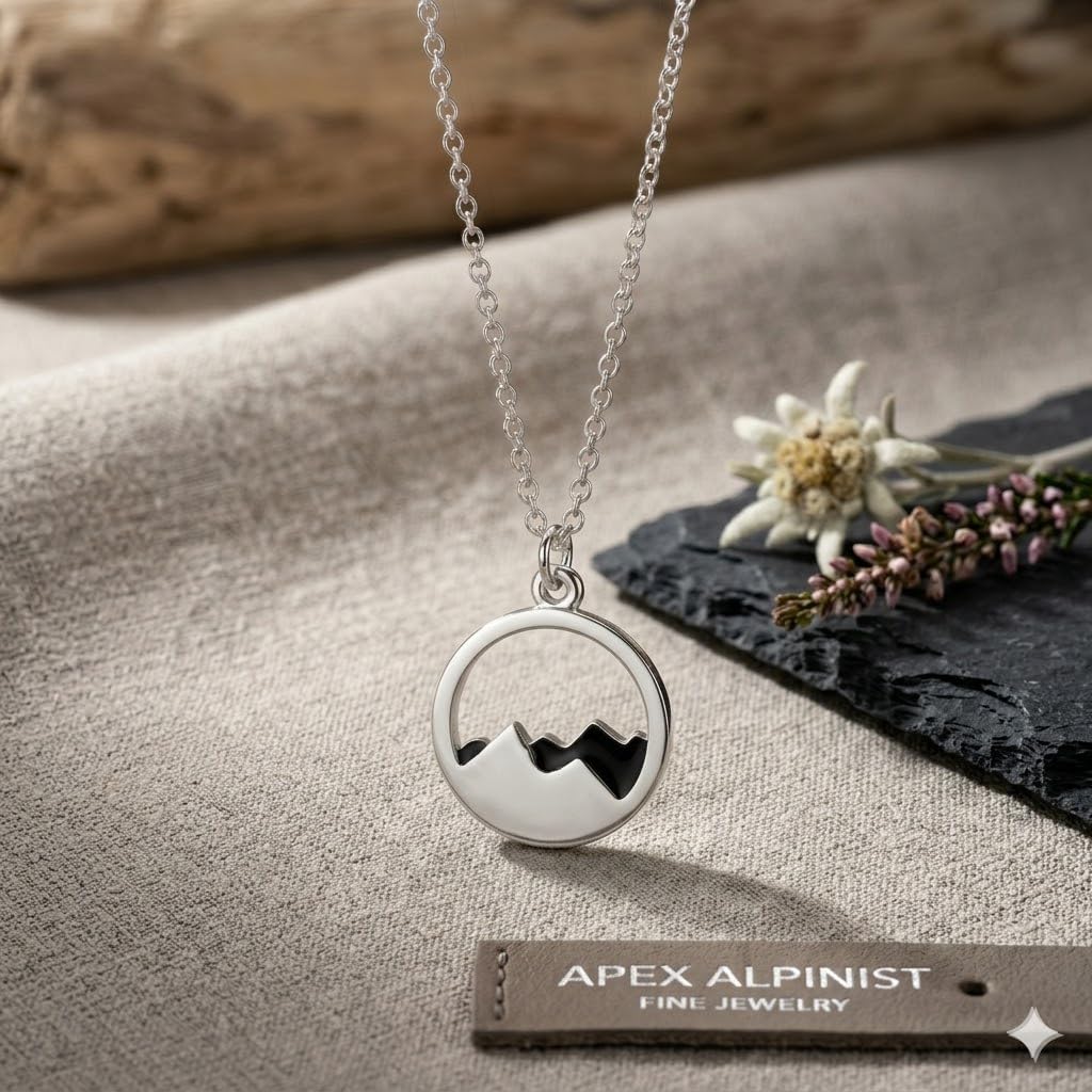 SUPAC Mountain Scene Pendant Stainless Steel Necklace, Silver Plated Chain, Nature Landscape Design, Circle Pendant (Black Mountain)