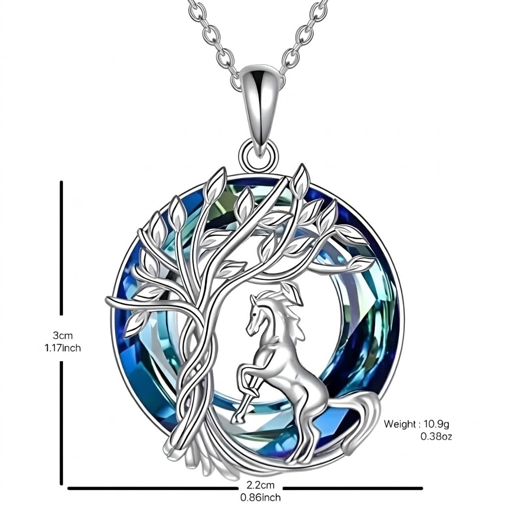 SUPAC Tree of Life Swing, Sloth, Horse + Other Styles Pendant Necklace, Silver Chain, Crystal Rainbow Background - Gift for Friends (Horse)