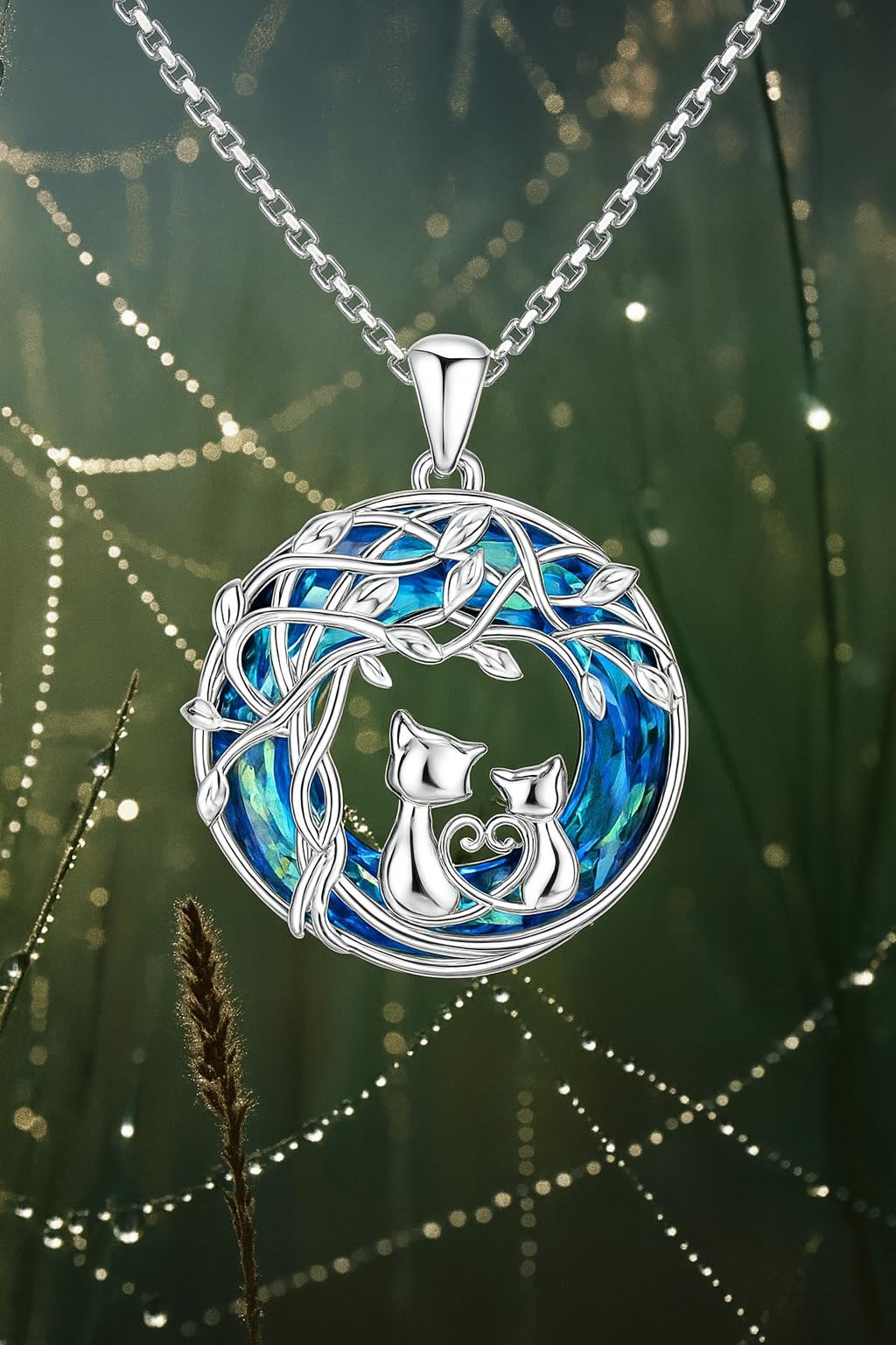 SUPAC Celtic Tree of Life Cat Pendant Necklace, Blue Crystal, 1.21 x 0.94 inches - Cat Lovers' Gift, Jewelry for Women