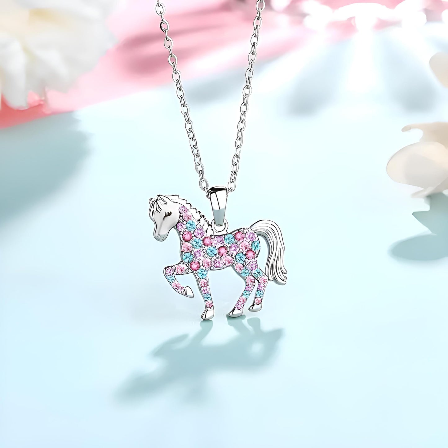 SUPAC Crystal Horse Pendant Necklace, Pink and Blue Rhinestones, Silver Chain, 17.6 inches