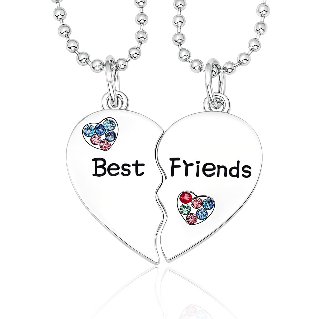 Best Friends Split Heart Pendant Necklace, 2 PC/set, with Rhinestones, 19.7 inch Silver Ball Chain