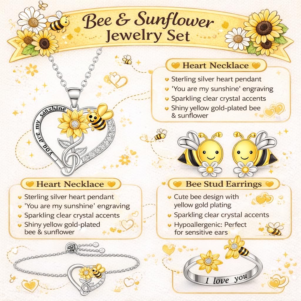 SUPAC Bee and Sunflower Jewelry Set with Heart Necklace, Bracelet, Ring and Earrings, Two-Tone Silver and Gold