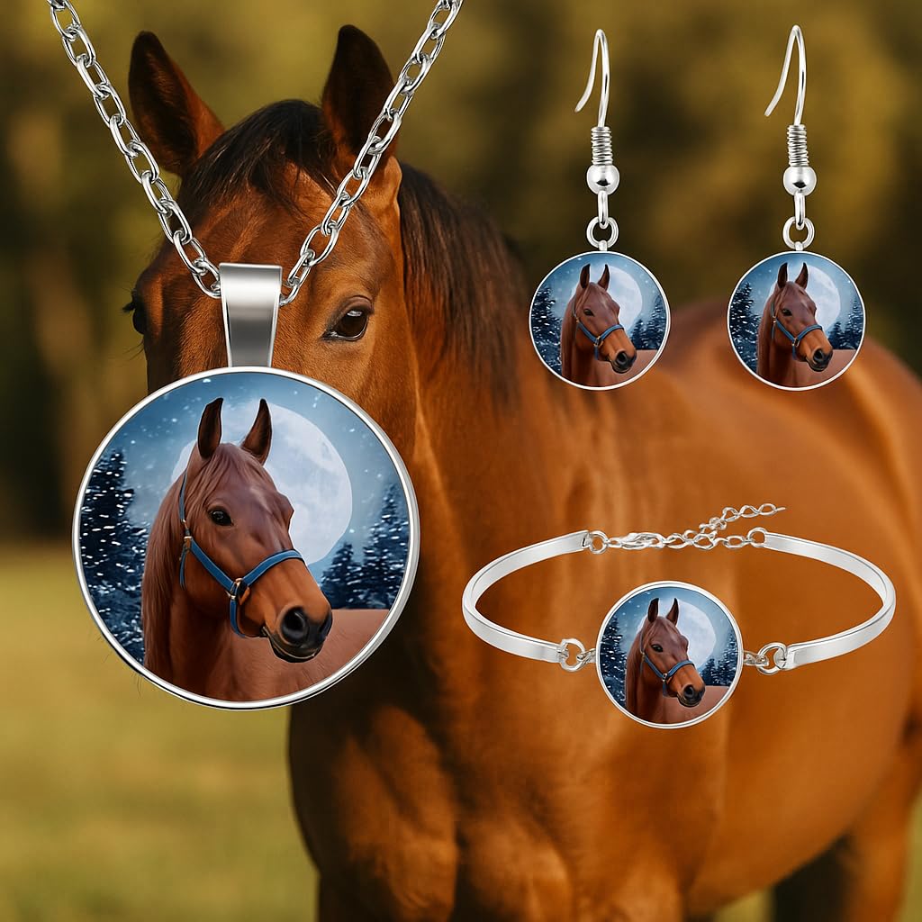 SUPAC Horse Jewelry Set with Necklace, Bracelet and Earrings, Winter Moon Design, 4 Pieces, Silver