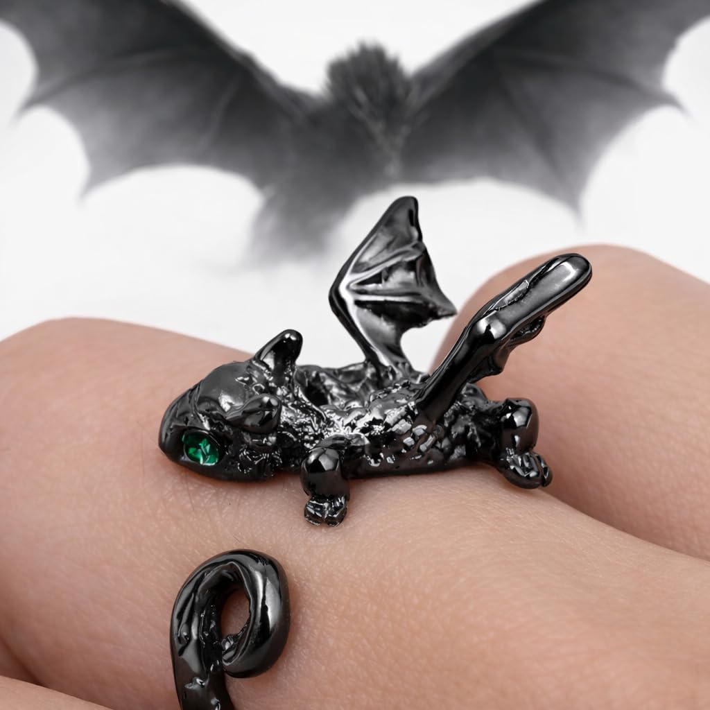 SUPAC Whimsical Silver Flying Dragon Ring - Unique Animal Shape Design, Adjustable Index Finger Ring for Men or Women, Cute Personality Statement Jewelry, Niche Fashion Accessory