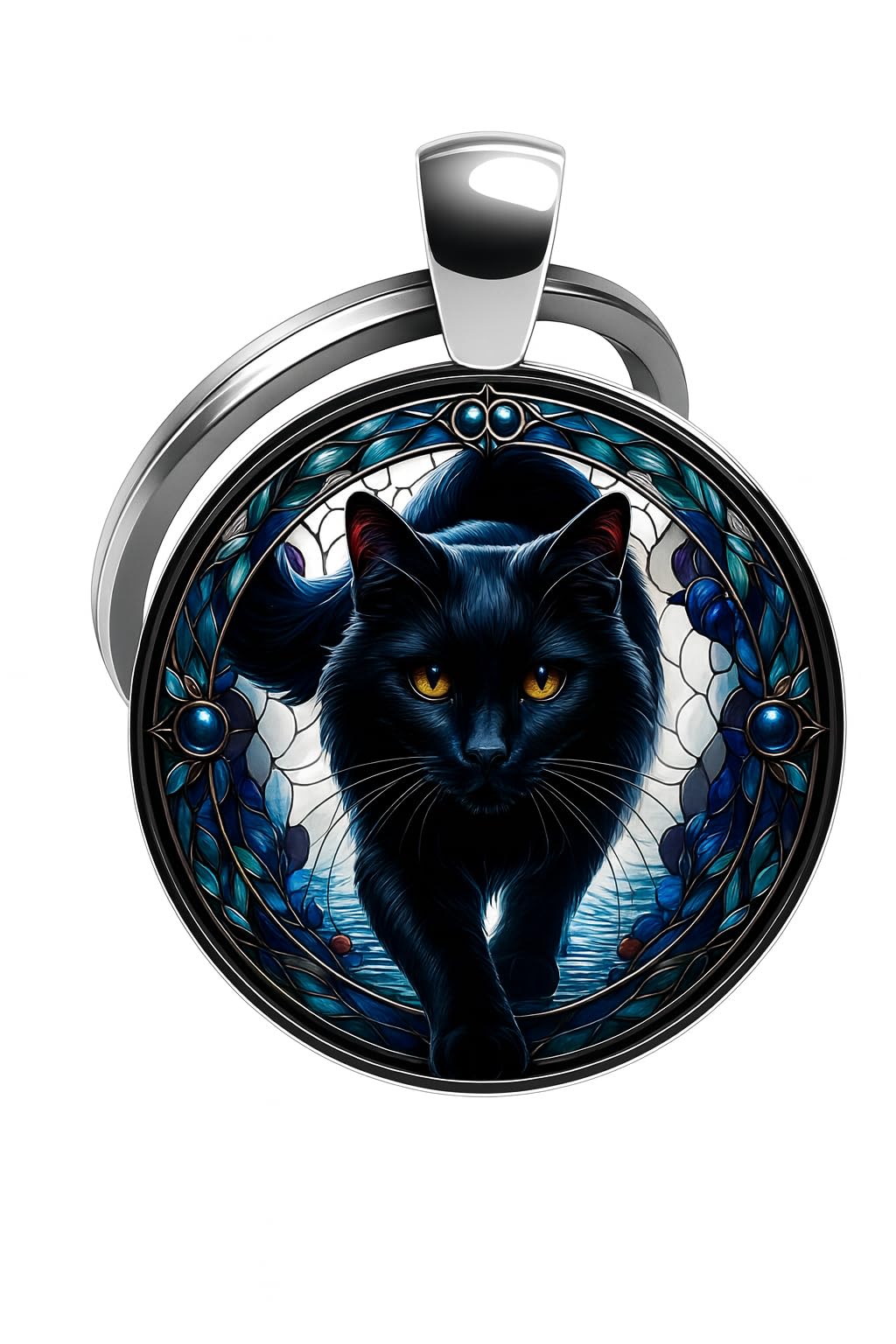 SUPAC Mystic Cat Art Glass Pendant Keychain, Double-Sided Round Design, Floral Pattern, Silver Keyring, Black Brown Kitten