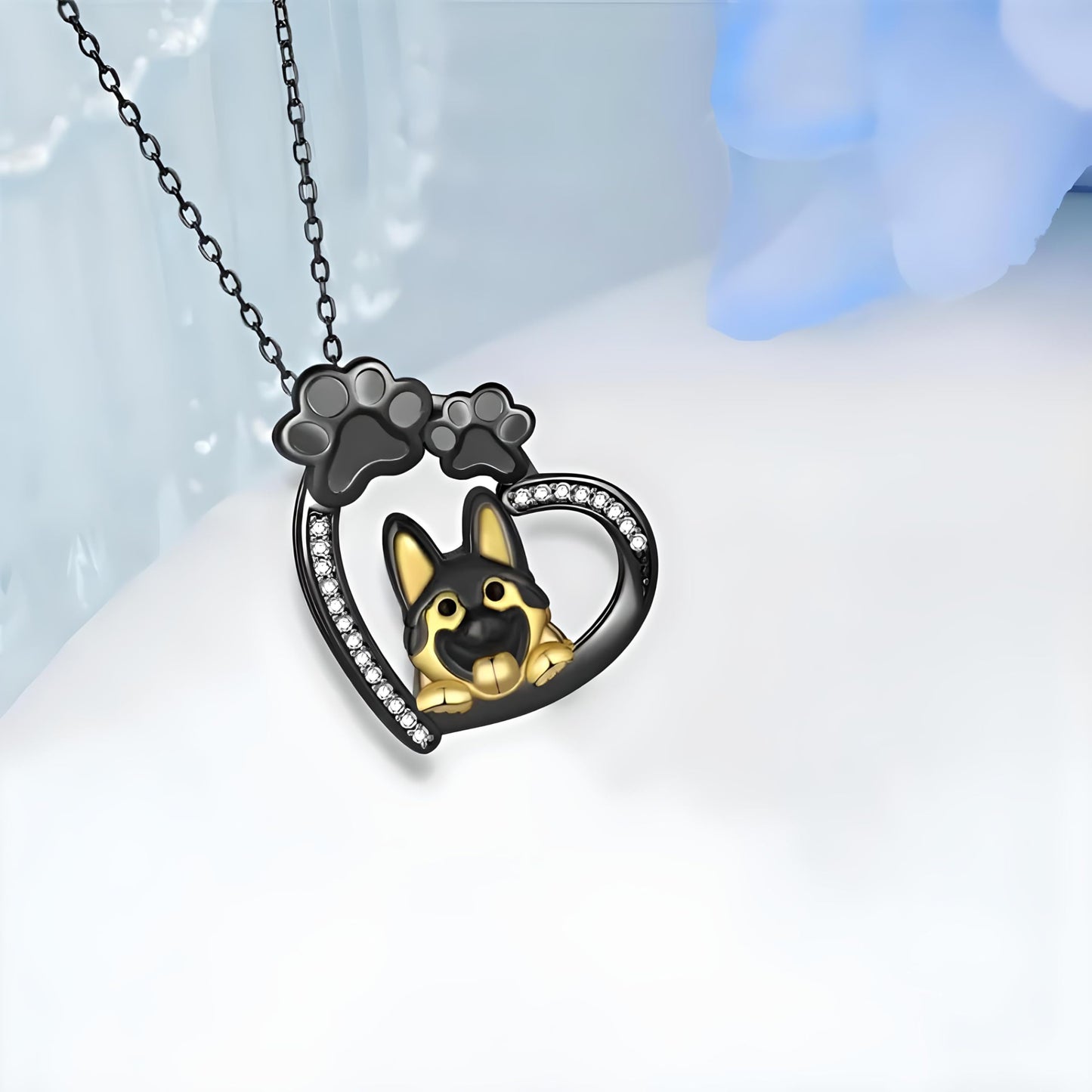 SUPAC Dog Breeds Necklace, German Shepherd, Labrador Retriever, Heart Pendant Necklace, Black and Gold, Crystal Paw Print Design, Dog Lovers Gift
