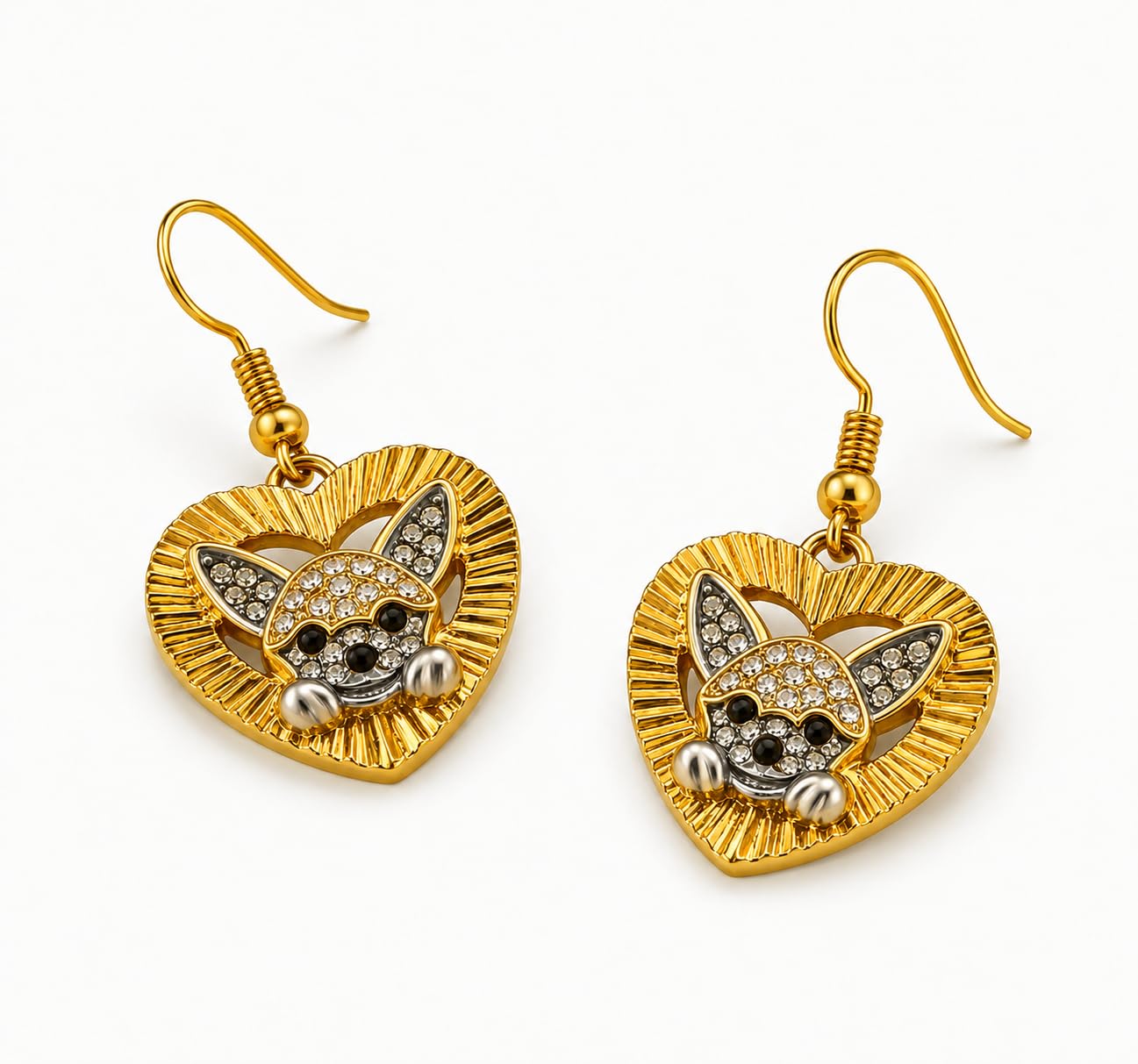 Chihuahua Heart Dangle Earrings, Gold Tone Stainless Steel, Crystal Rhinestone Dog Charm, 0.90 in - Stainless Steel Jewlery, Dog Lover's Gift