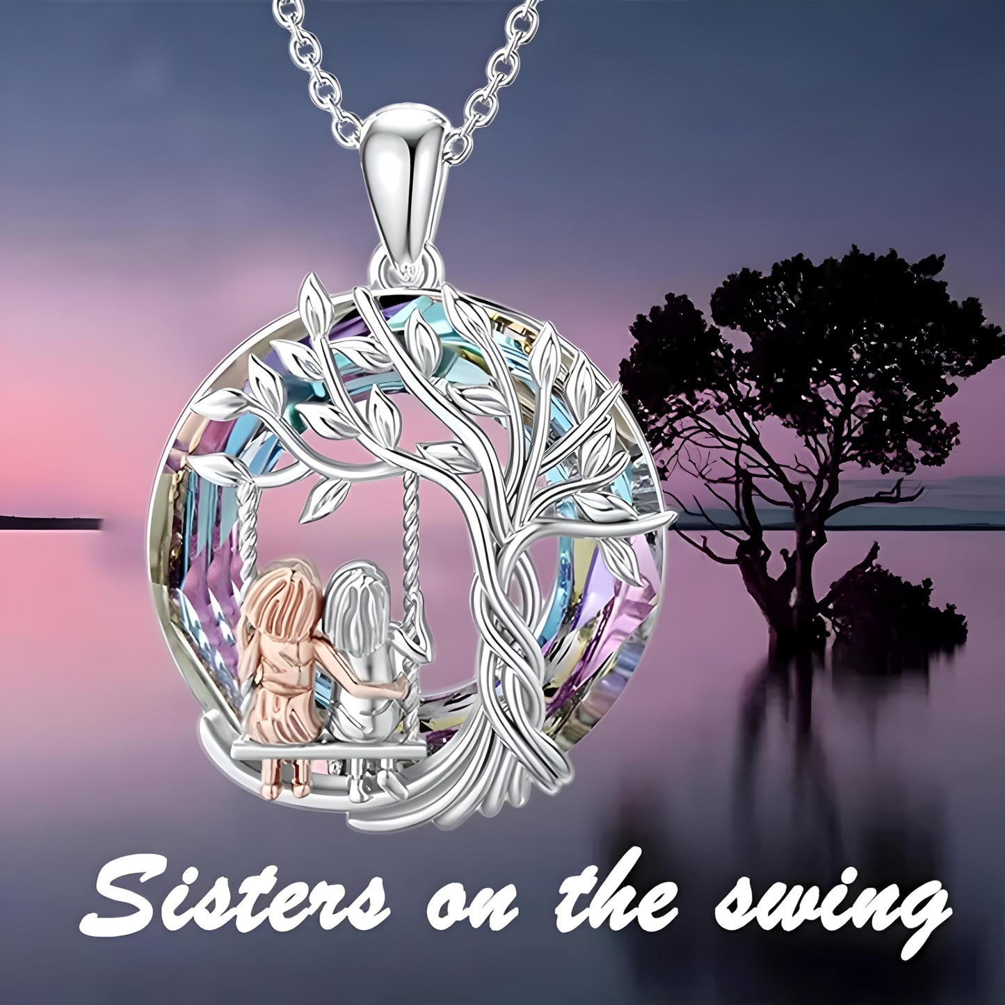 Tree of Life Swing, Sloth, Horse + Other Styles Pendant Necklace, Silver Chain, Crystal Rainbow Background - Gift for Friends