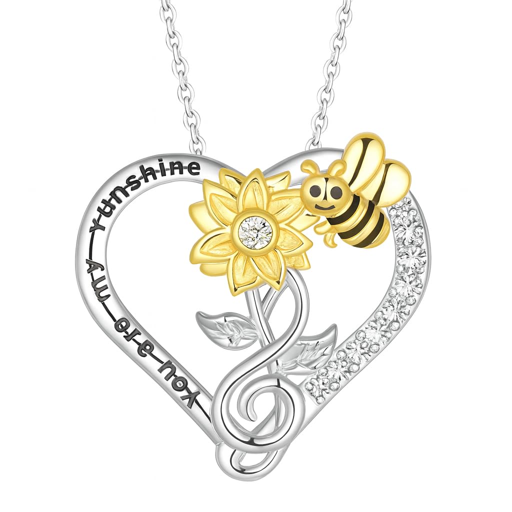 SUPAC You Are My Sunshine Sunflower and Bumble Bee Heart Pendant Necklace for Women, Dainty Jewelry, Birthday or Christmas Gift