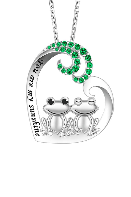 Cute Frog Couple Heart Pendant Necklace, Stainless Steel Chain 19.7 inch, Crystal Accent - Engraved 'You are my sunshine'