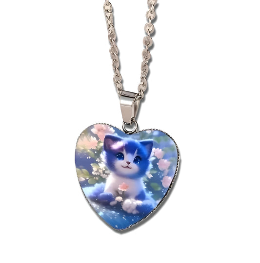 Heart-Shaped Cat Pendant Necklace with Floral Design, 19 inch Chain - Stainless Steel with Glass Pendant - Christmas, Holiday, or Birthday Gift