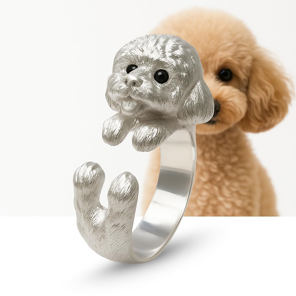 SUPAC Adjustable Silver Dog Ring, Westie Terrier and Bulldog Design, Fashion Jewelry (Poodle)