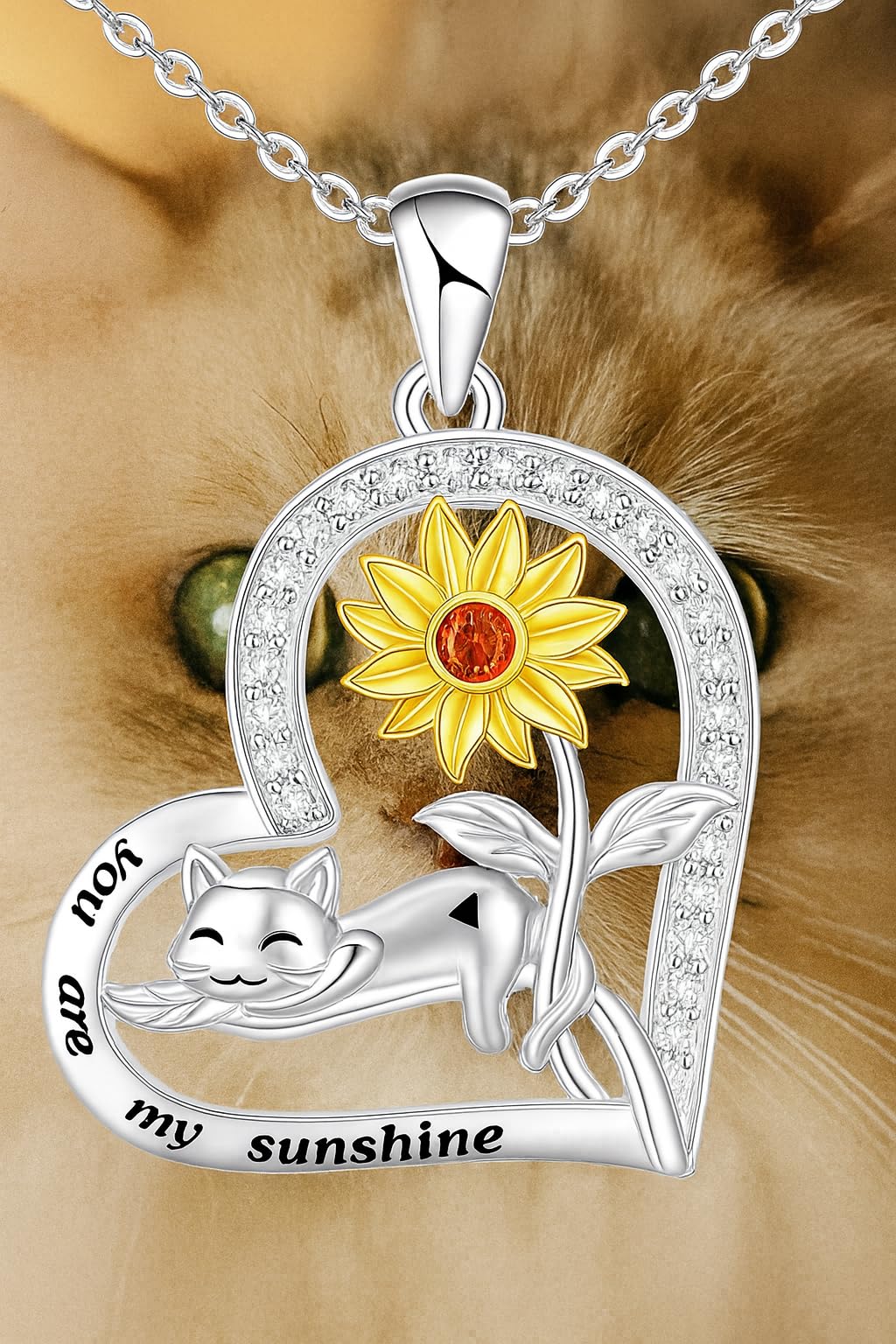 Stainless Steel Cat Moon Heart Star Flower Necklace with Crystal Pendant, 8 Designs - Cute Heart Necklace, With Black Cats, Charming in Rose Gold - Stylish Gift for Women & Party Accessory (Cat w/sunflower)