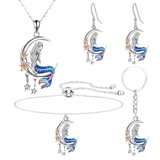 Mermaid Moon Jewelry Set, Stainless Steel, 4-Piece with Necklace, Bracelet, Earrings and Ring, Blue and Pink - Mermaid Gift