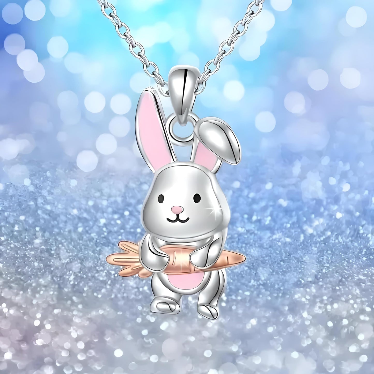 SUPAC Cute Bunny Jewelry Set with Necklace, Bracelet, Earrings and Keychain, Silver and Pink - Rabbit Jewelry Gift