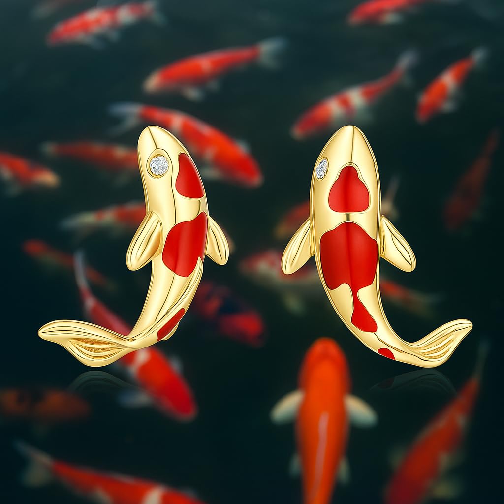 Stainless Steel Koi Fish Ring and Earrings Set with Red Enamel, Japanese Style - Koi Fish Jewelry Gift
