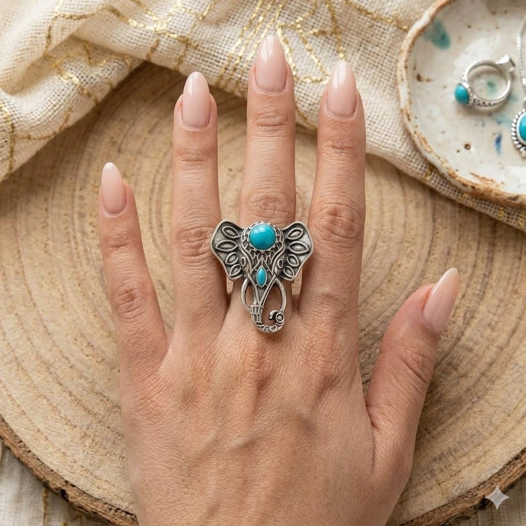 SUPAC Adjustable Vintage Elephant Ring with Turquoise Inlay – Unisex Boho Style Alloy Jewelry for Everyday & Party