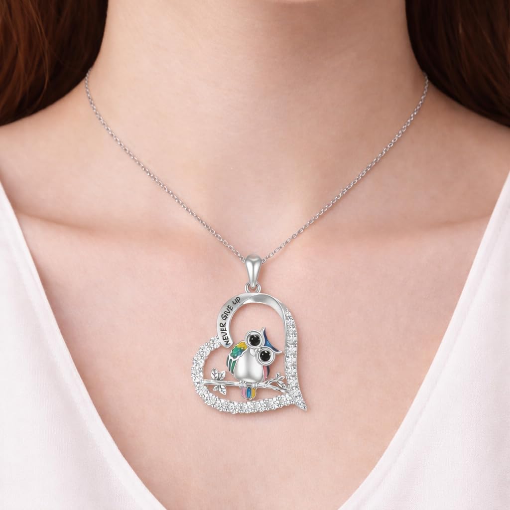 SUPAC Never Give Up Stainless Steel Owl Pendant Necklace, Crystal Rhinestone Crescent Design, 17.91 inch Chain Length, Inspirational Jewelry
