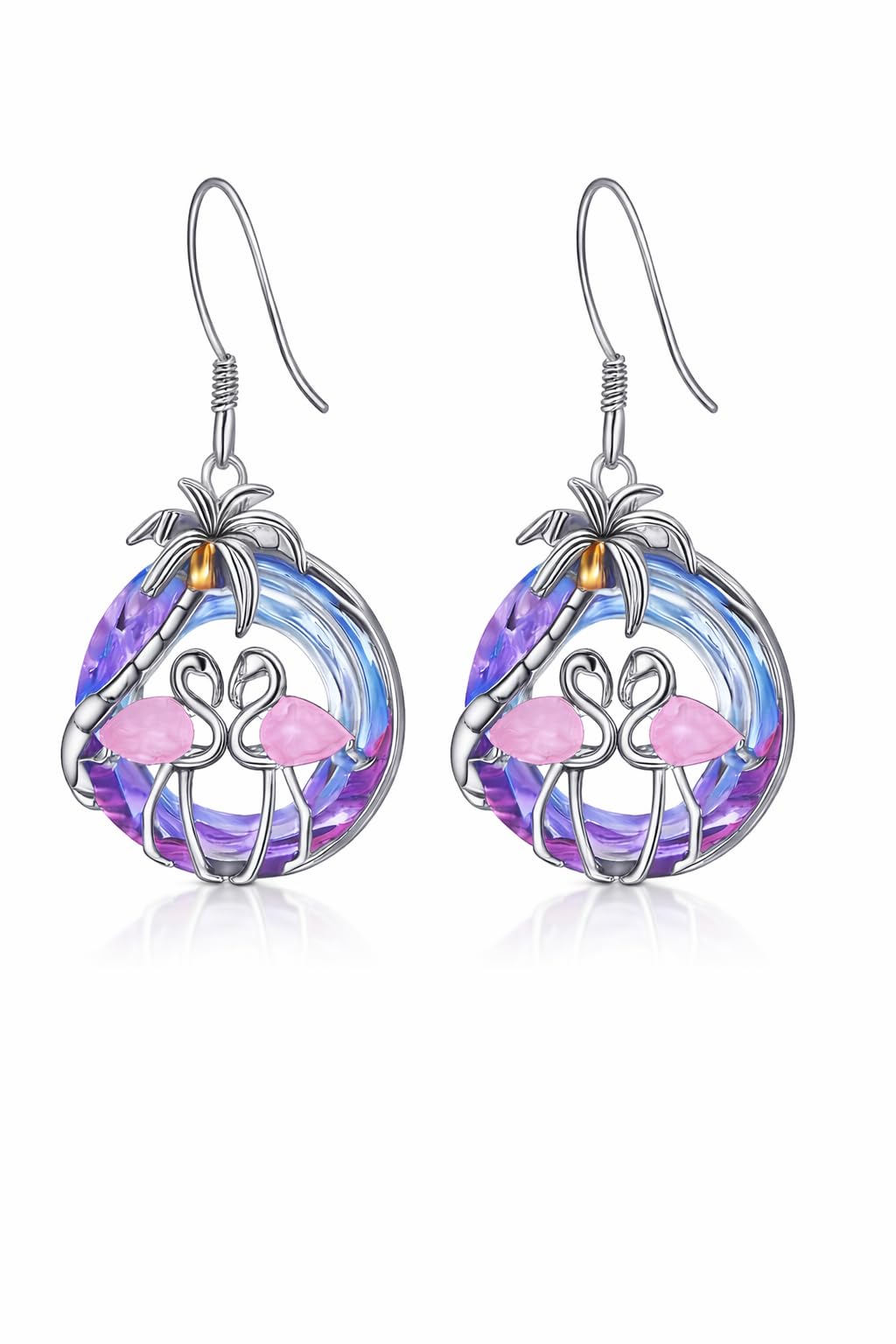 SUPAC Tropical Flamingo Jewelry Set with Necklace, Bracelet, Earrings and Keychain, Pink and Purple Crystal Beach Design, Silver