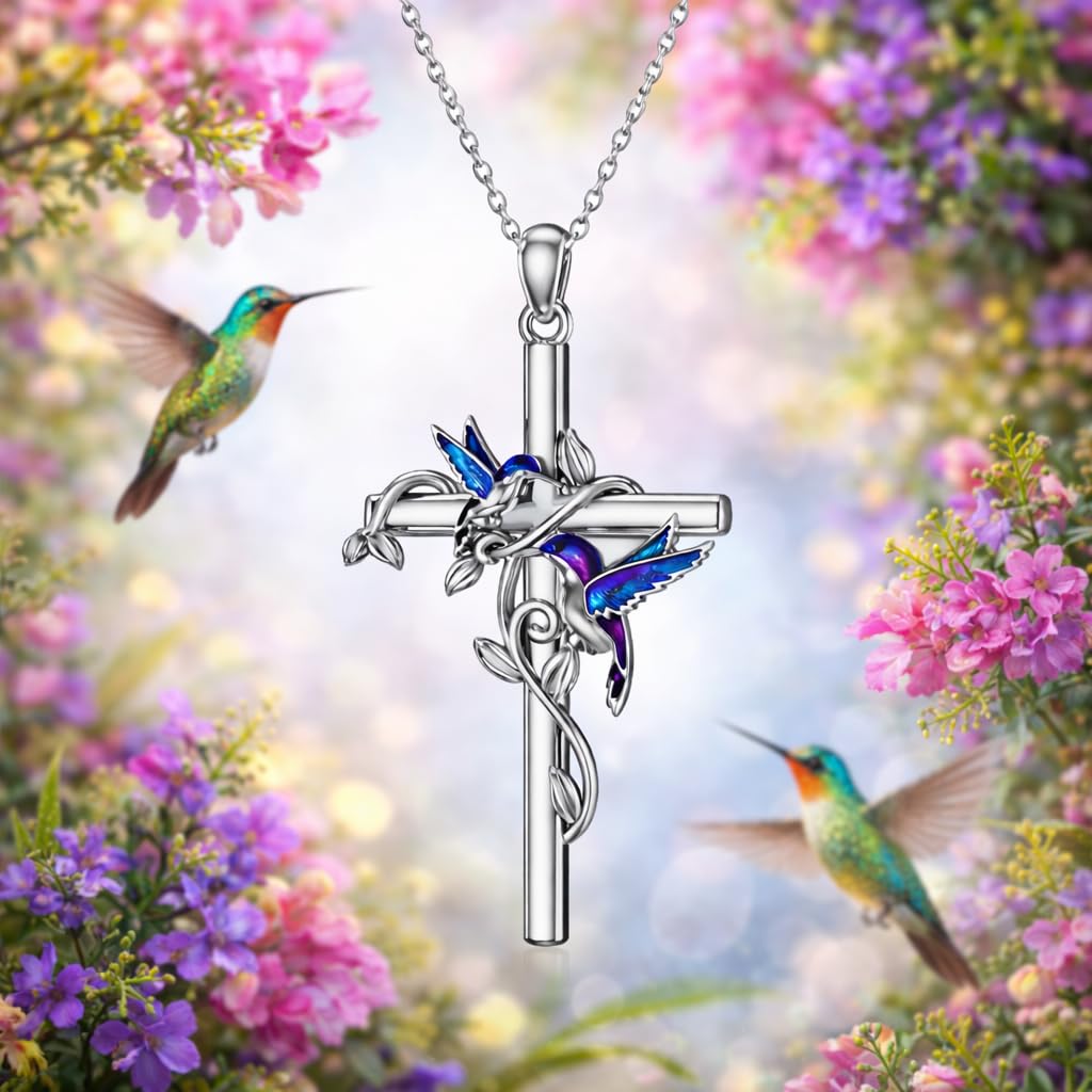 SUPAC Hummingbird Cross Design Necklace, I Am Always With You, 19.68 inch Chain, Red and Silver