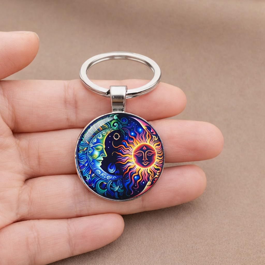 Celestial Sun and Moon Pendant Keychain, 17.7 inch Chain, Colorful Mystical Design (Celestial Sun and Moon Keychain)