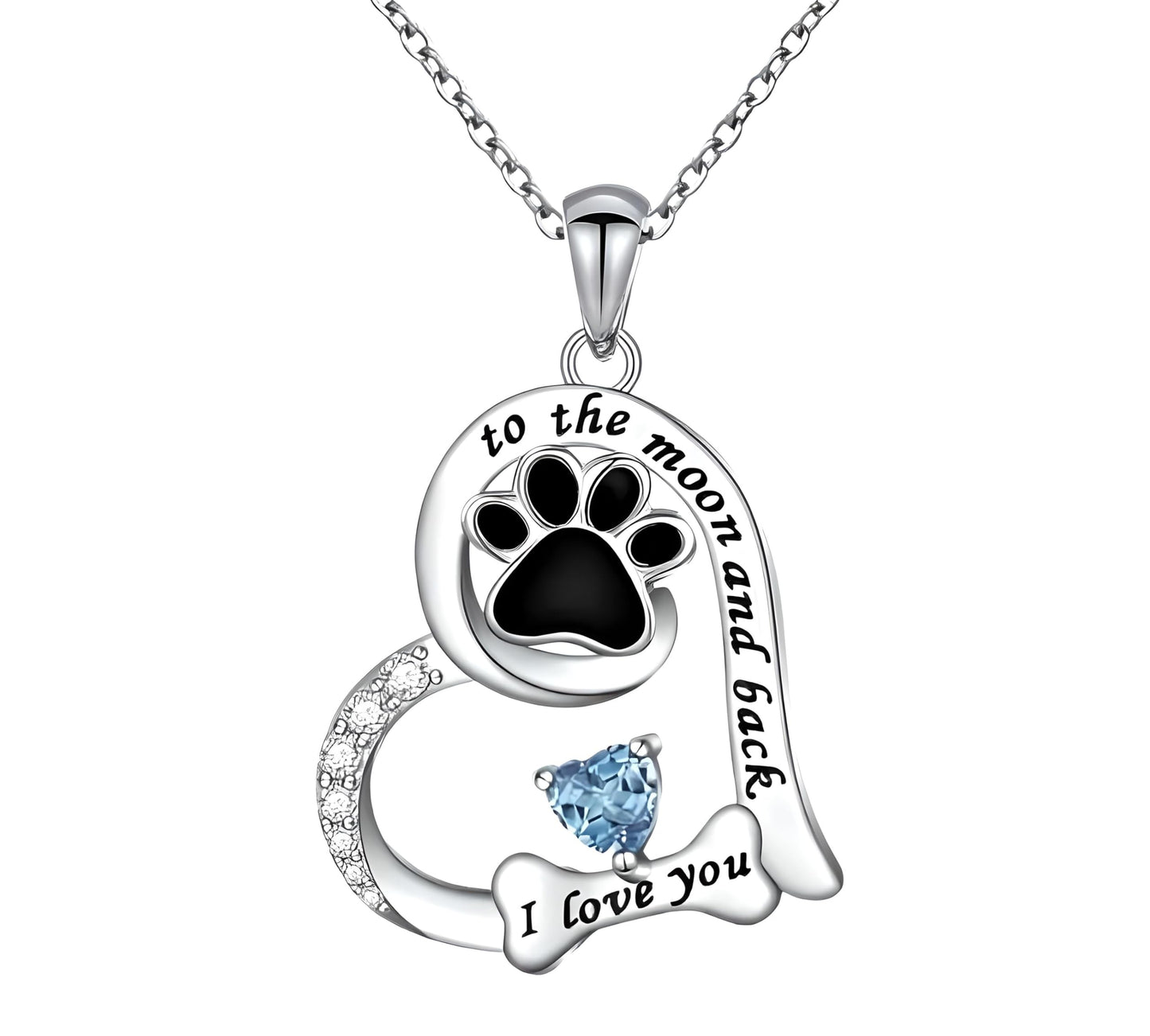 SUPAC Dog Paw Love Pendant Necklace, to the moon and back, I love you- Jewlery Gift for Birthdays or Christmas. Multiple Color Options of Simulated Diamond