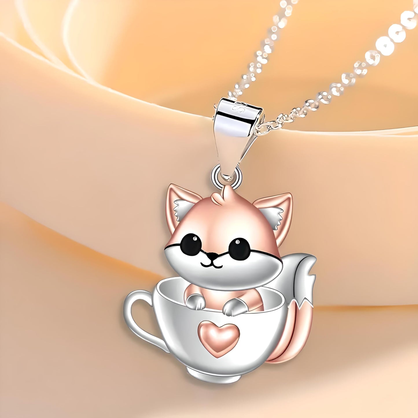 SUPAC Charming Fox in a Coffee Mug Pendant Necklace - Sparkling White, Golden Plated, Alloy & Resin