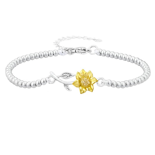 SUPAC Sunflower Beaded Bracelet, Silver Chain with Gold Flower Charm, Inspirational Jewelry Gift