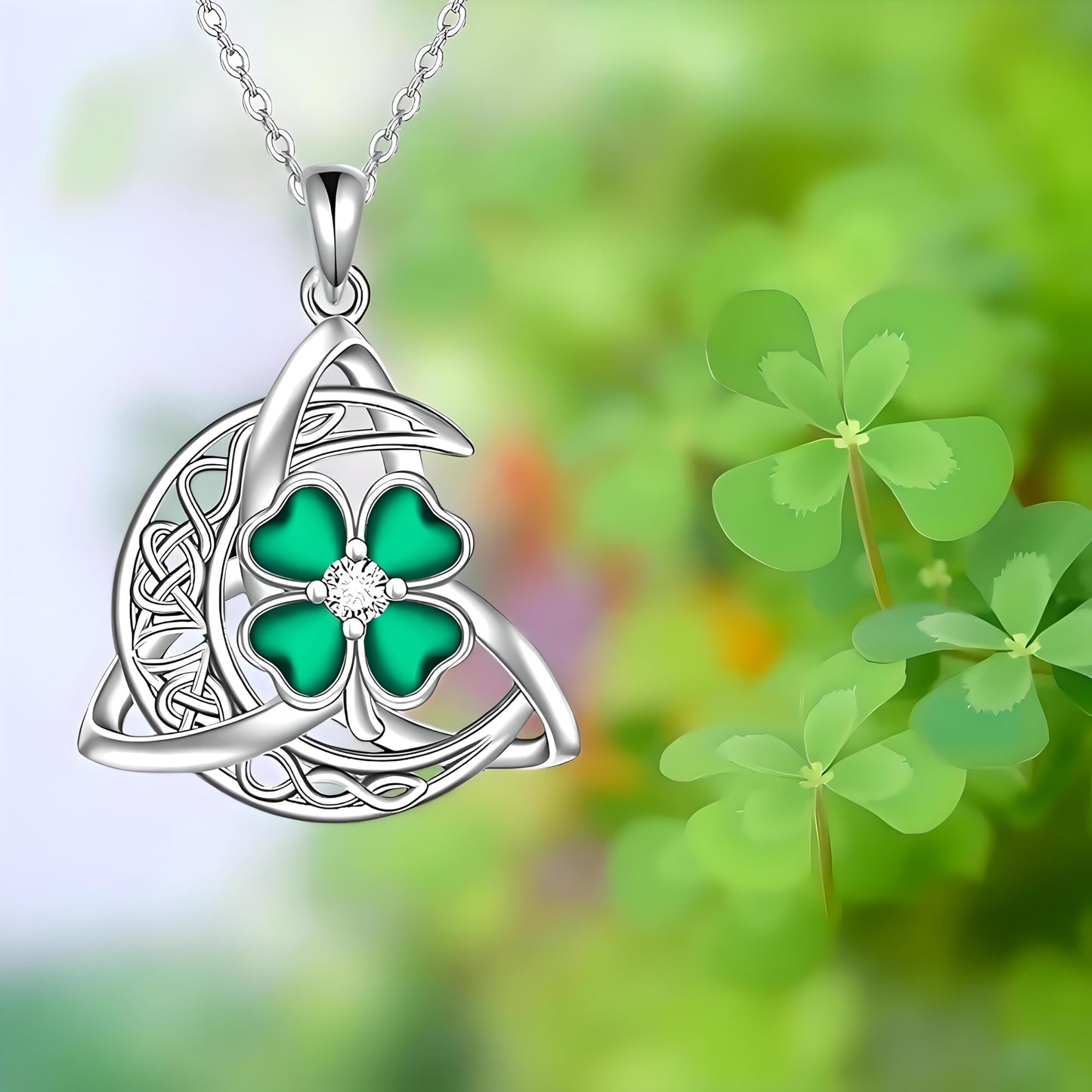 Celtic Trinity Knot Four Leaf Clover Necklace, Sterling Silver, Green Enamel