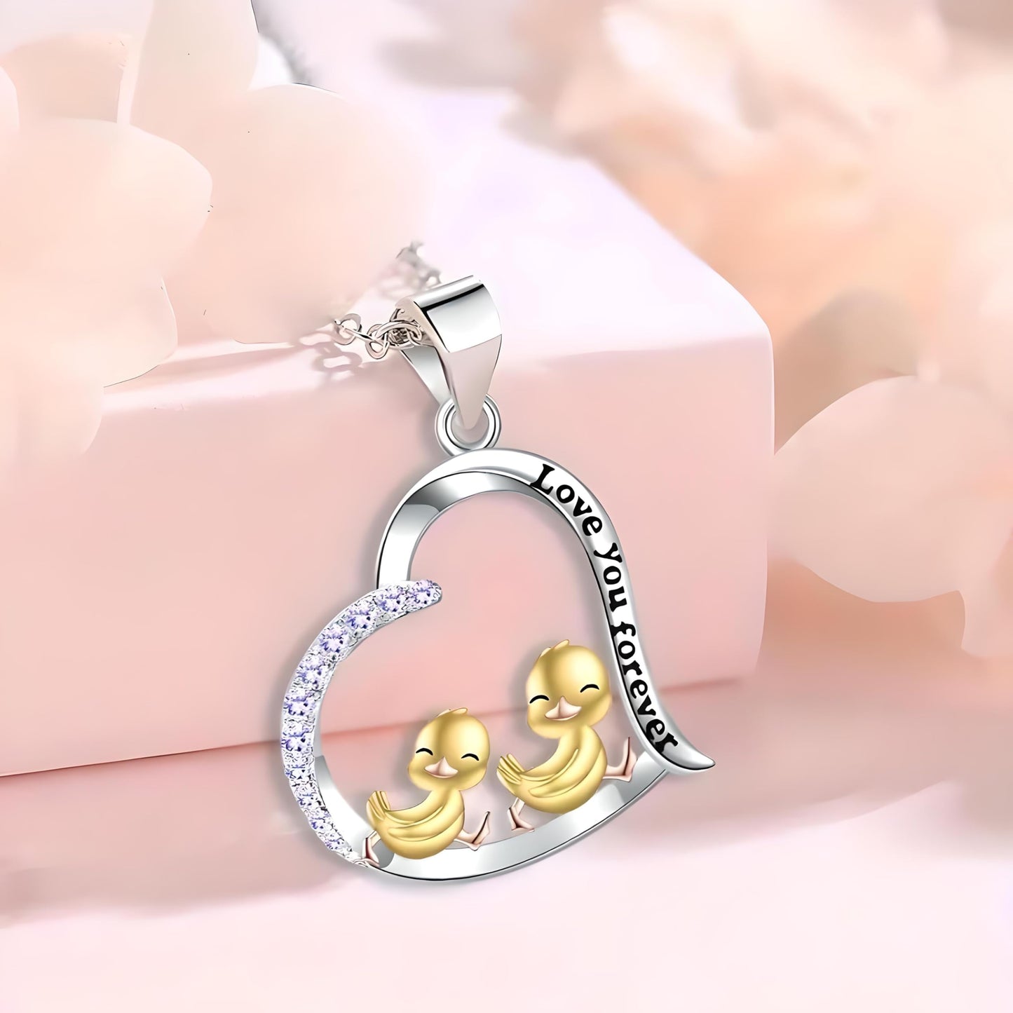 SUPAC Unique Heart-Shaped Duckling Pendant Necklace - Get Your Ducks in a Row! Forever in my heart -Exquisite Rhinestones, Plated White K Alloy, Fashionable Birthday Graduation Gift for Her