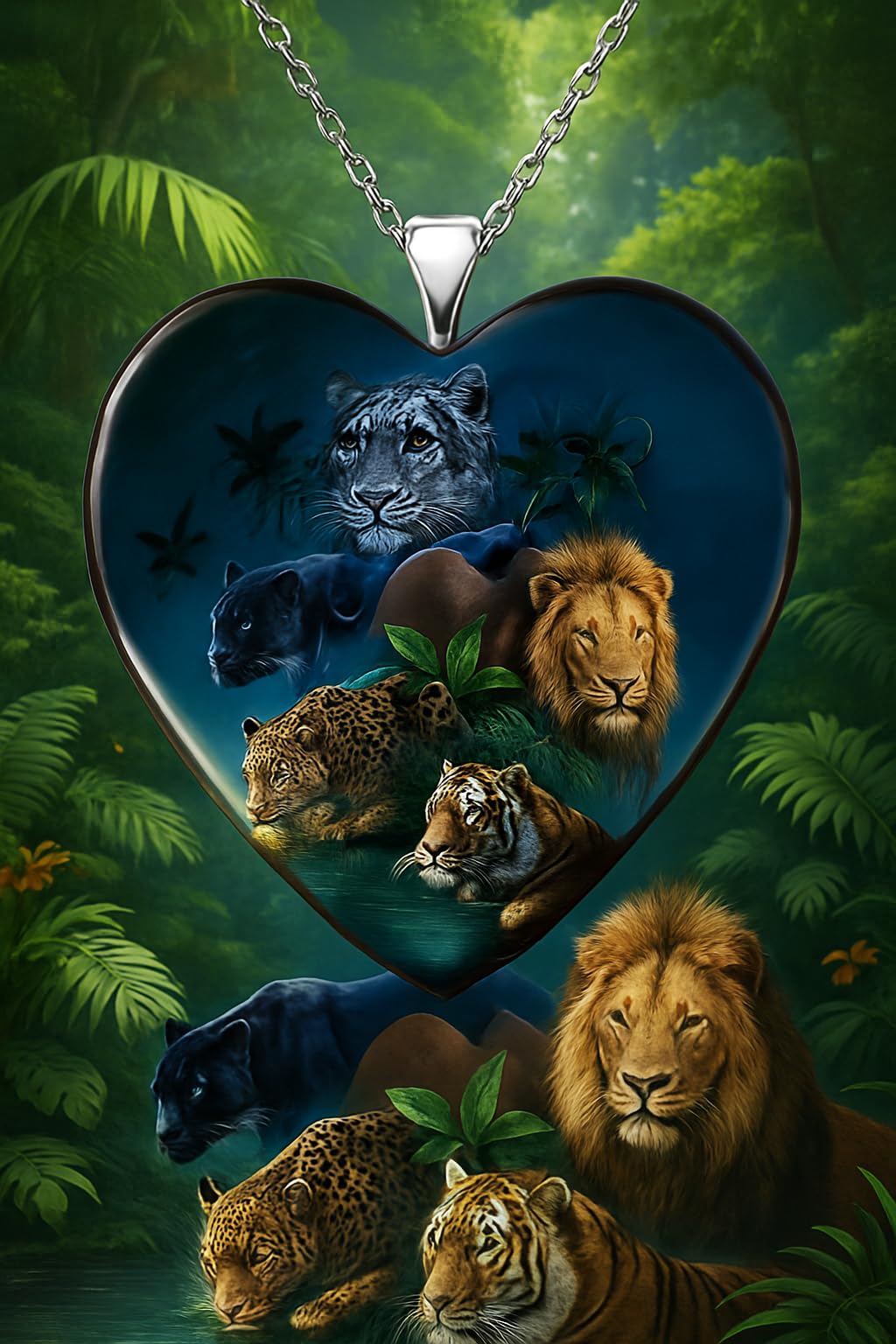 SUPAC Heart-Shaped Jungle Animals Pendant Necklace, Multicolor Glass Necklace including: Lion, Tiger, Leopard, Panther and Cheeta - Christmas, Holiday, or Birthday Gift