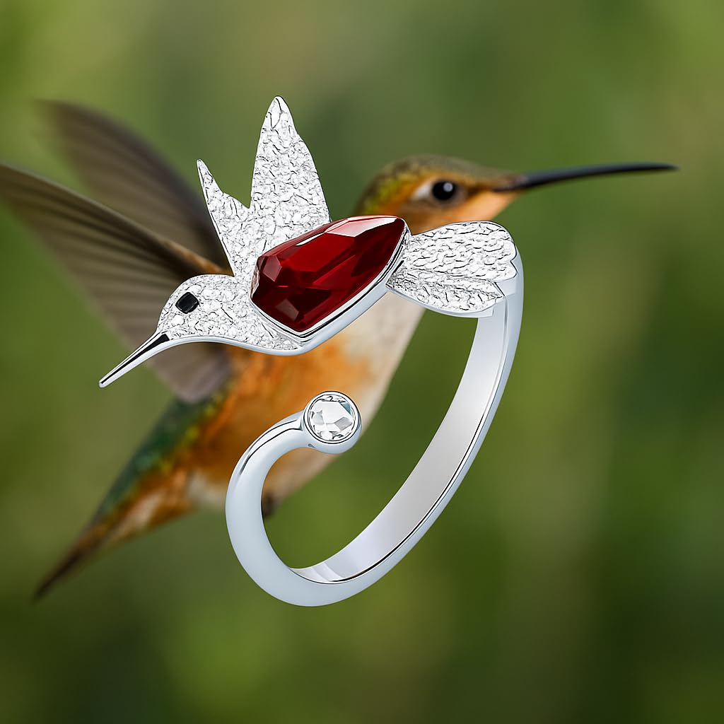 Stainless Steel Hummingbird Ring with Enamel Flowers, Adjustable, Turquoise and Purple