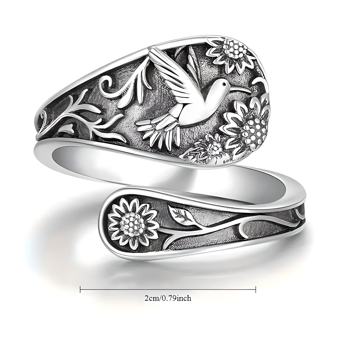 Vintage Hummingbird Spoon Ring, Sterling Silver Adjustable Band, Floral Design