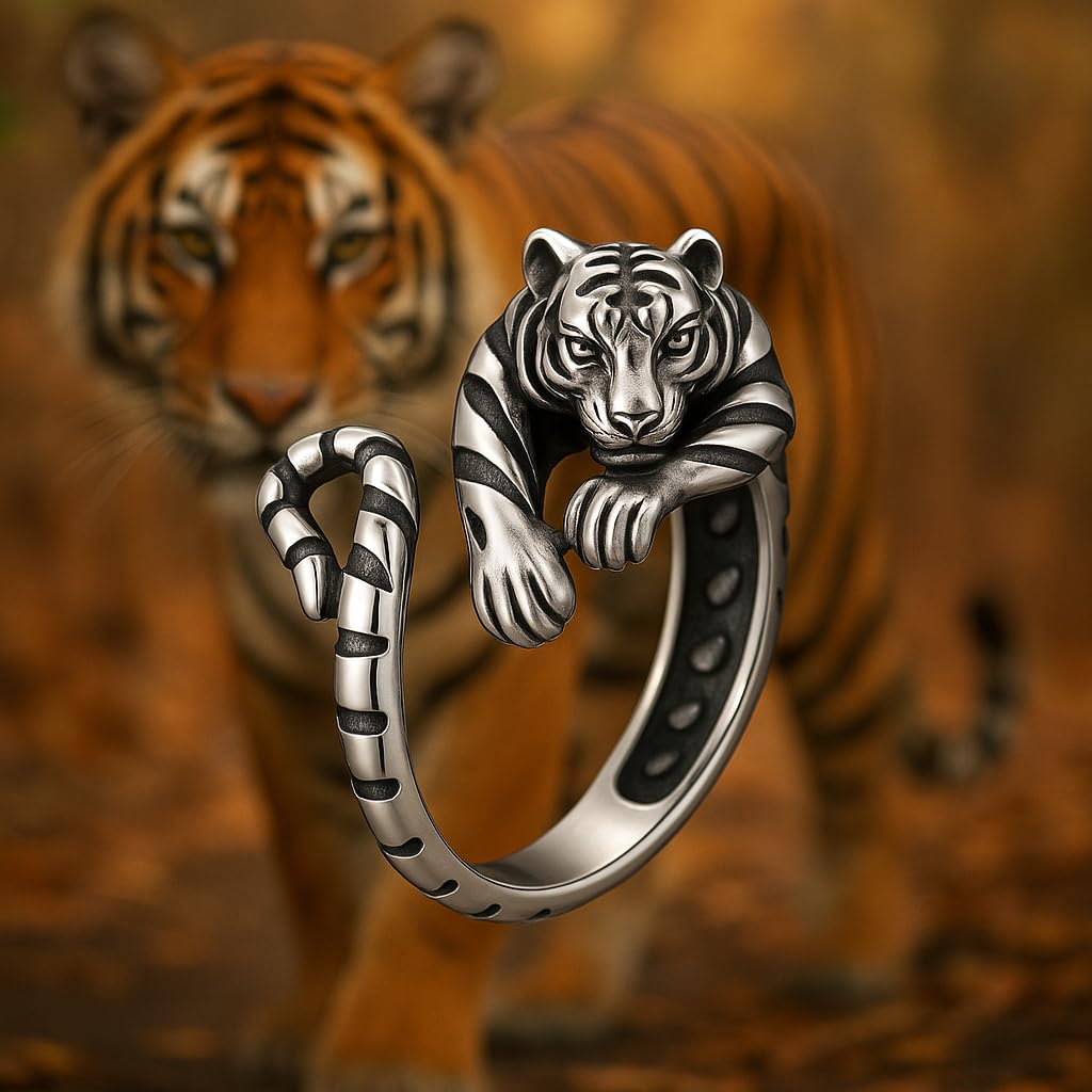 SUPAC Zodiac Tiger Adjustable Ring, Stainless Steel, Unique Design Exquisite Men's Accessory Jewlery - Gold and Silver Colors, Christmas, Birthday or Party Gift