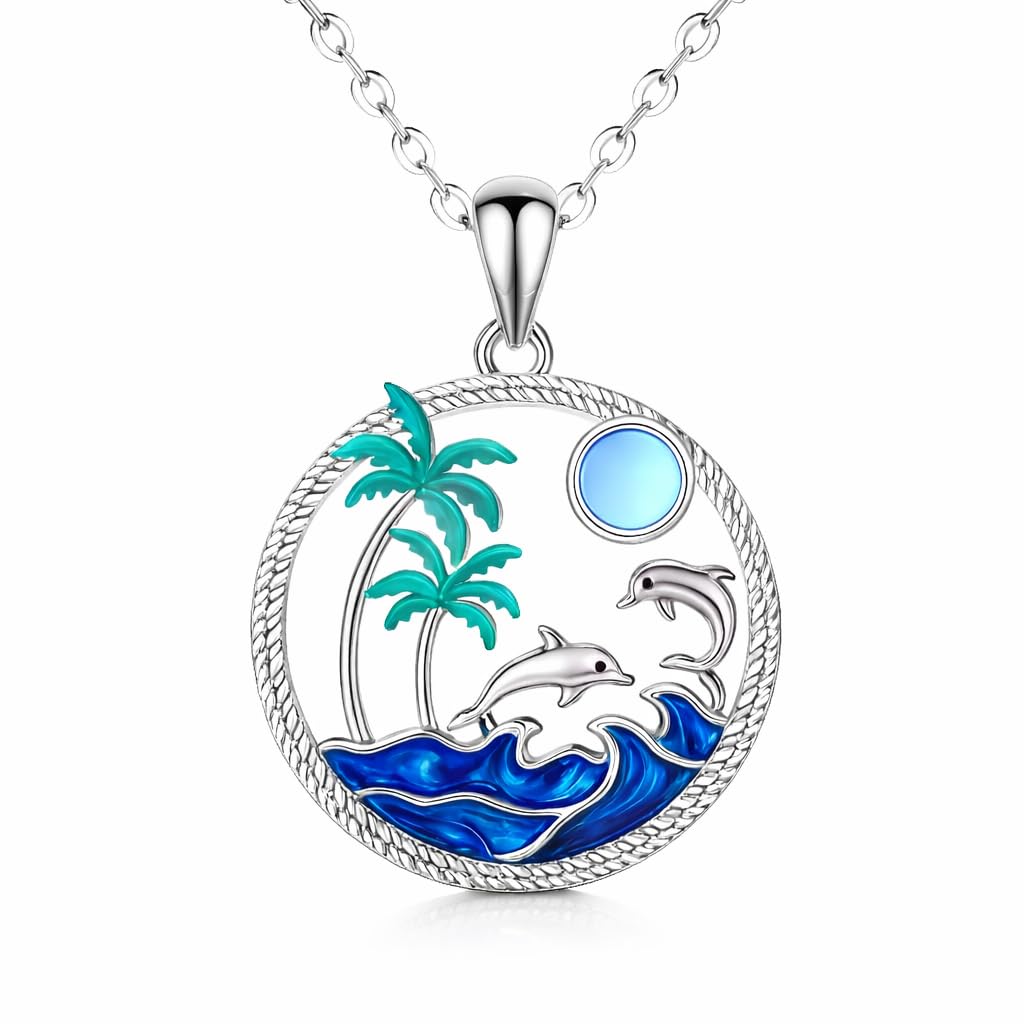 Tropical Beach Scene Pendant Necklace, Silver Chain with Dolphins and Palm Trees, Blue Ocean Wave Design, 17.7 + 2 Inch