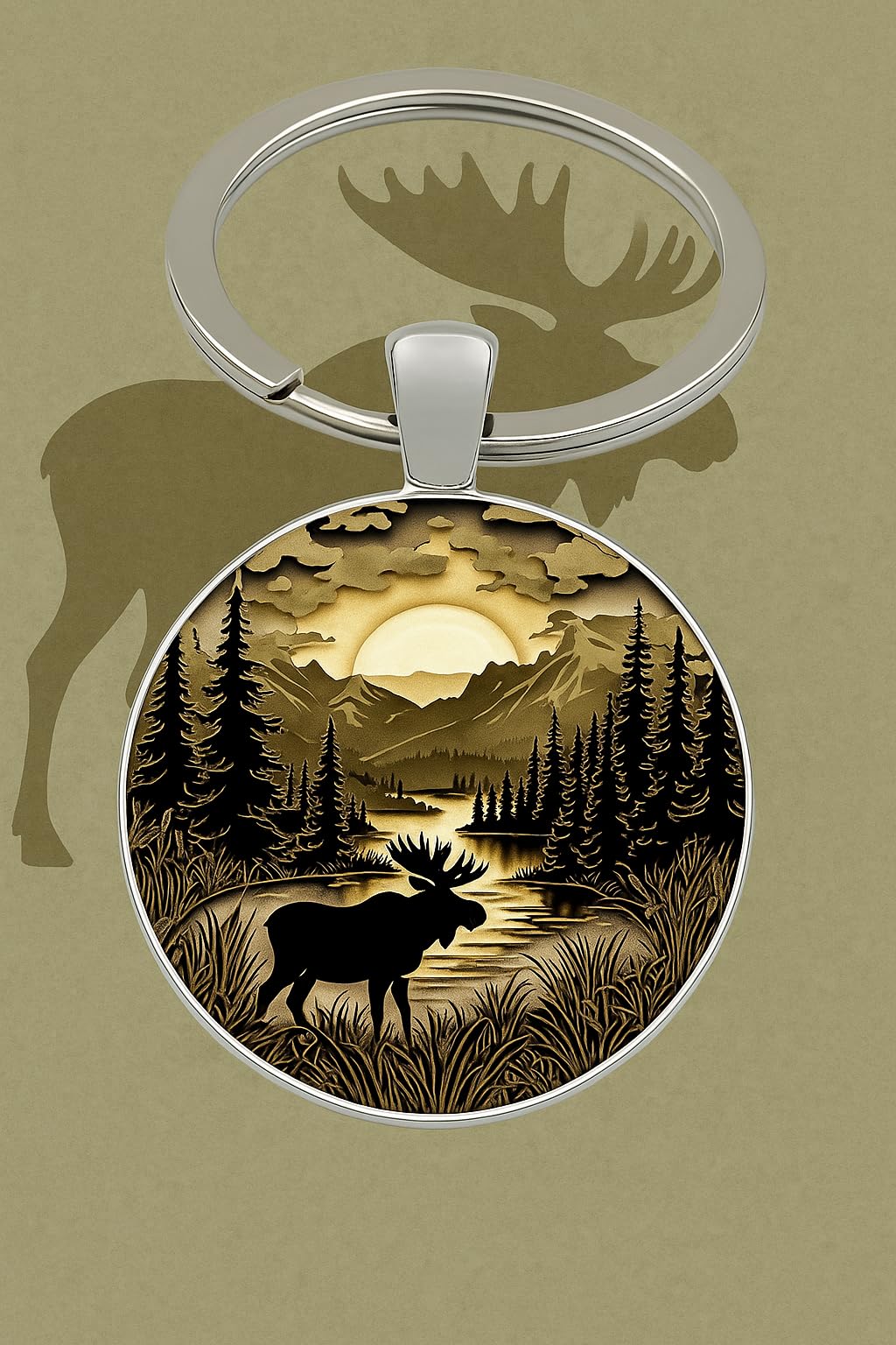 SUPAC Mountain Sunset Stained Glass Art Keychain, Nature Scene Design, Round Pendant (Moose and Sunrise)