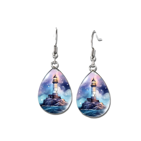 Teardrop Lighthouse Dangle Earrings, Nautical Design, 1.77 inch Length, Silver