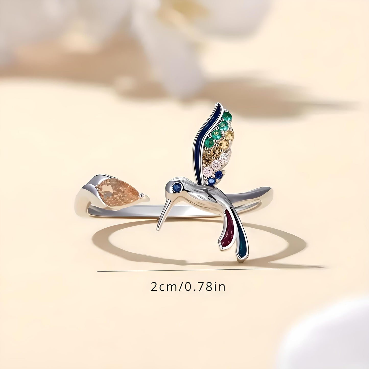 Sterling Silver Hummingbird Ring with Enamel Flowers, Adjustable, Turquoise and Purple
